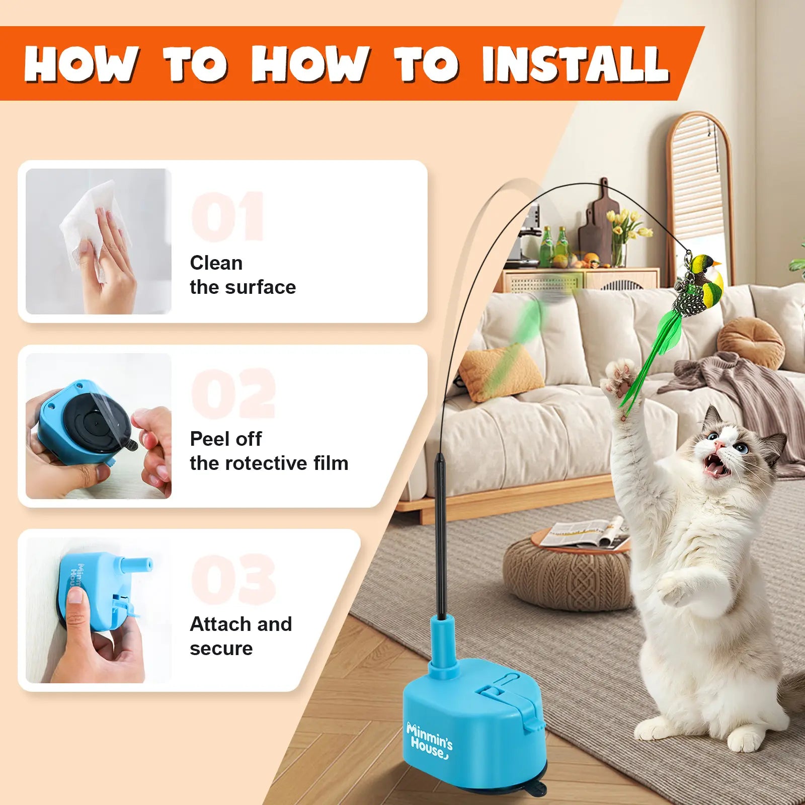 Automatic 360° Interactive Cat Toy with Flying Bird Feather, USB Rechargeable Electric Teaser with Strong Sticky Suction Cup Base, Ideal Self-Play Solution for Indoor Cats and Pet Enthusiasts