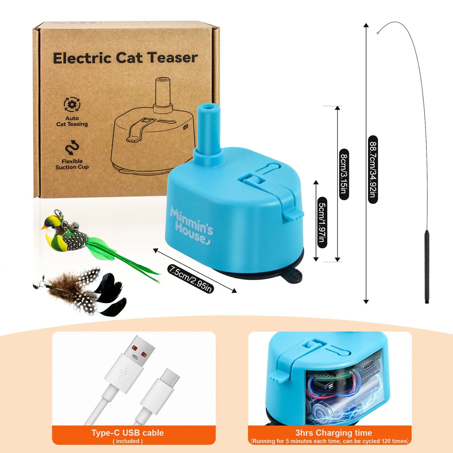 Automatic 360° Interactive Cat Toy with Flying Bird Feather, USB Rechargeable Electric Teaser with Strong Sticky Suction Cup Base, Ideal Self-Play Solution for Indoor Cats and Pet Enthusiasts